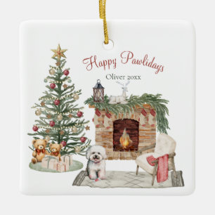 Ornamento De Cerâmica Feliz Pawlidays Design de Cachorro - Bichon Frise