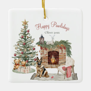 Ornamento De Cerâmica Feliz Pawlidays Design de Cachorro - Pastor Alemão