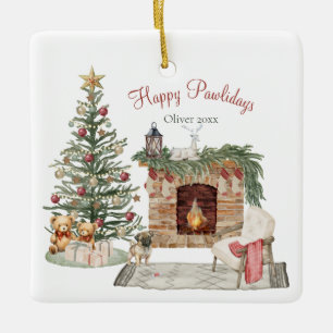 Ornamento De Cerâmica Feliz Pawlidays Design de Cachorro - Pug