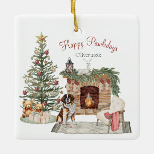 Ornamento De Cerâmica Feliz Pawlidays Design de Cachorro - São Bernardo