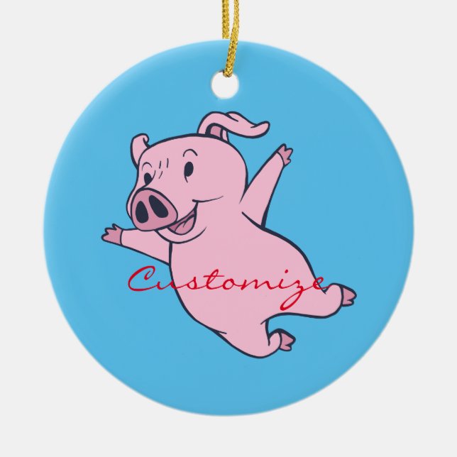 Ornamento De Cerâmica Feliz Porco Rosa Saltando Trovão_Cove (Frente)
