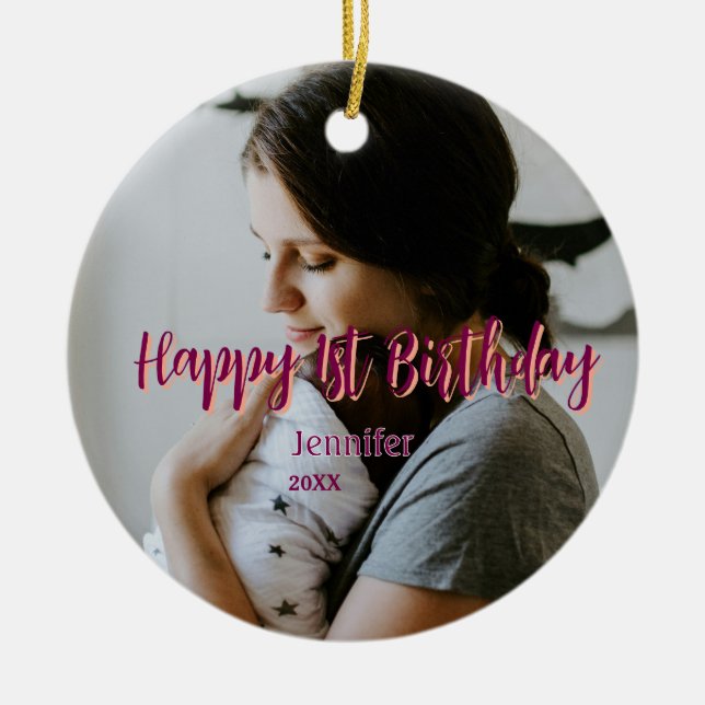 Ornamento De Cerâmica Feliz primeiro aniversario, bebê mãe vermelha, lar (Frente)