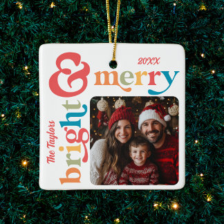 Ornamento De Cerâmica Feliz Retroativa Colorida e Foto de Natal Brilhant