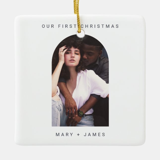 Ornamento De Cerâmica Feliz simples mínima e foto casada (Frente)