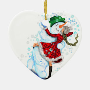 Ornamento De Cerâmica Feliz Snowman e Girl Dance Tango Festa de Natal