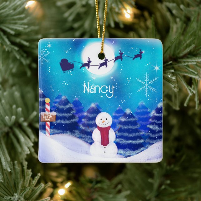 Ornamento De Cerâmica Feliz Snowman Personalizado de Natal (Árvore)