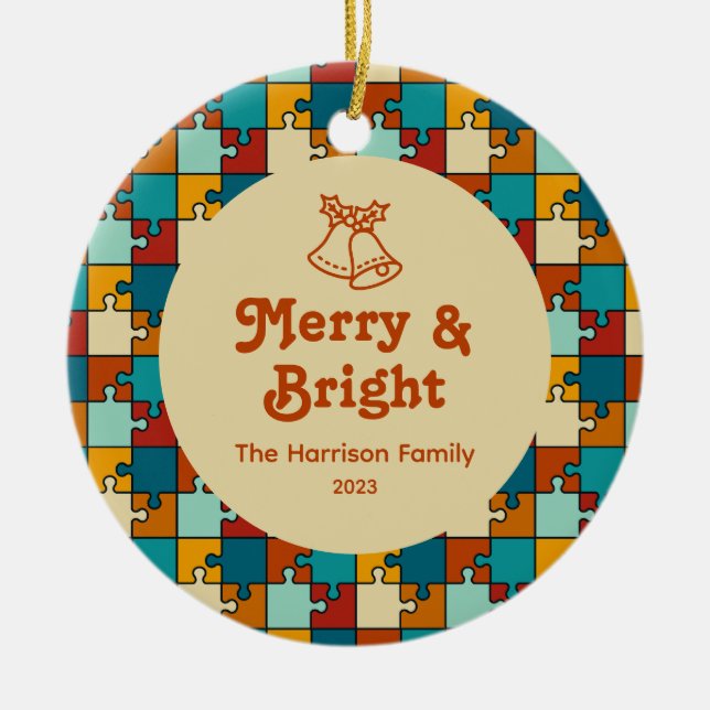 Ornamento De Cerâmica Feliz Vintage e foto da família Bright (Frente)