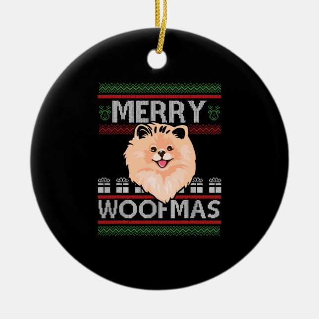 Ornamento De Cerâmica Feliz Woofmas Pomerania Cão de Natal Dom (Frente)