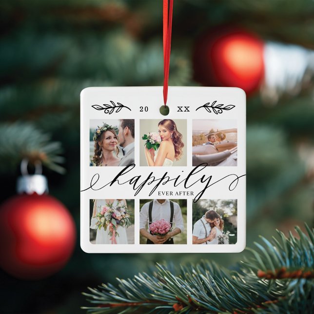 Ornamento De Cerâmica Felizmente Depois Da Colagem De Fotos De Casamento (Happily Ever After Newlyweds Wedding Photo Collage Ceramic Ornament)
