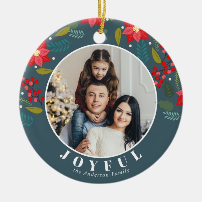 Ornamento De Cerâmica Feriado alegre de Padrões de Flor de Poinsettia (Frente)