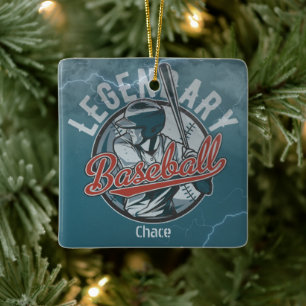 Ornamento De Cerâmica Feriado Azul de Baseball Retroativo