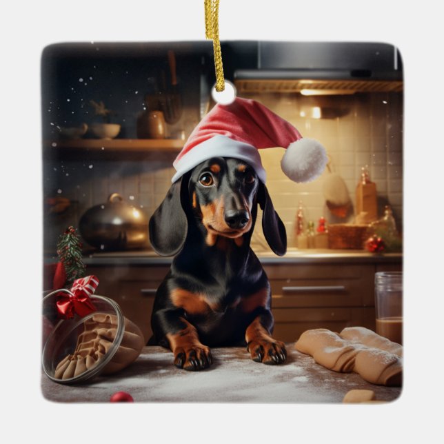 Ornamento De Cerâmica Feriado de Biscoitos de Natal Dachshund (Frente)