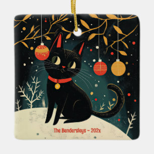 Ornamento De Cerâmica Feriado de Diversão de Gato Preto Retroativo