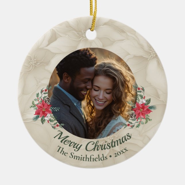 Ornamento De Cerâmica Feriado de Duas Fotografias Dourado, Red Poinsetti (Frente)