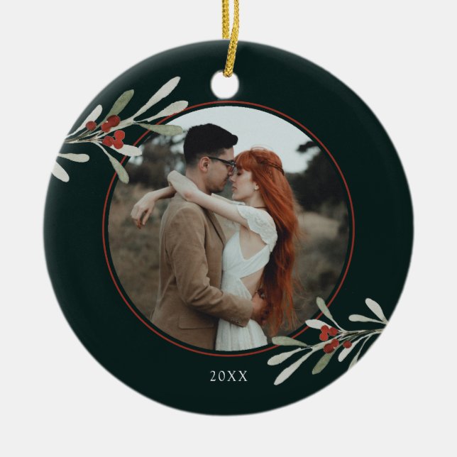 Ornamento De Cerâmica Feriado de Foto em Greenery de inverno (Frente)