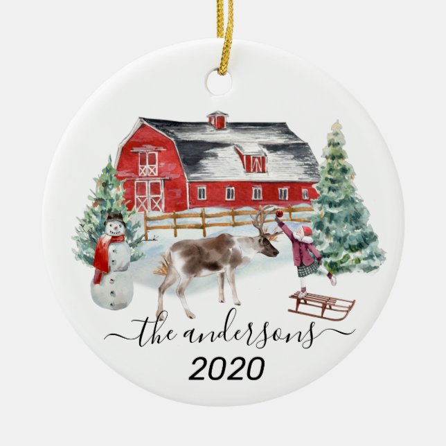 Ornamento De Cerâmica Feriado de inverno Barn Reindeer Girl Nome manuscr (Frente)