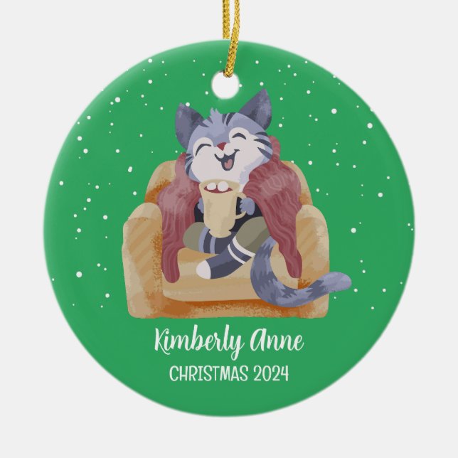 Ornamento De Cerâmica Feriado de inverno com Gatinho de Natal de Gato Bo (Frente)