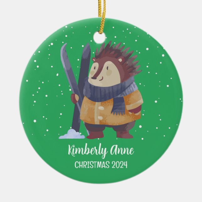 Ornamento De Cerâmica Feriado de inverno de Natal de Hedgehog (Frente)