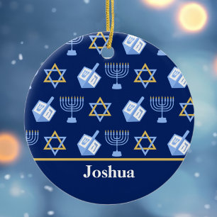 Ornamento De Cerâmica Feriado de Monograma Azul e Padrão de Hanukkah