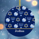 Ornamento De Cerâmica Feriado de Monograma Azul e Padrão de Hanukkah Cut<br><div class="desc">Linda ornamento Hanukkah em azul bonito com um legal padrão de estrela judaica,  sonho para diversão jogos Chanukah,  e menorah judia para o feriado.</div>
