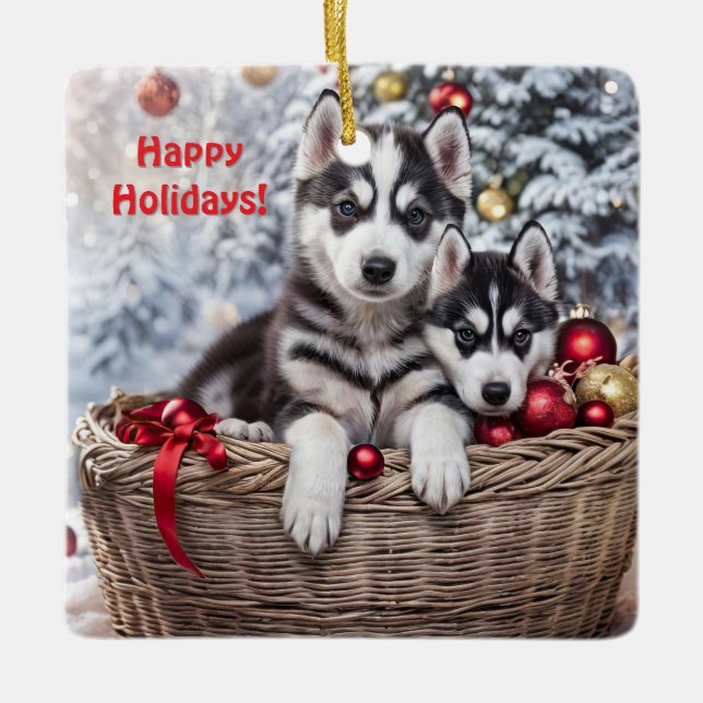 Ornamento De Cerâmica Feriado de Natal Bonito Siberiano Husky (Frente)
