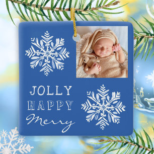 Ornamento De Cerâmica Feriado de Natal com Floco de Neve Feliz Azul