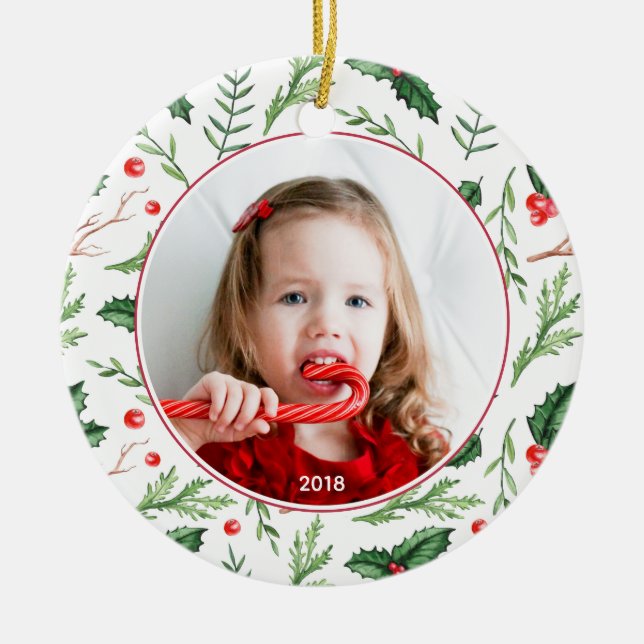 Ornamento De Cerâmica Feriado de Natal do Chic Red Holly (Frente)