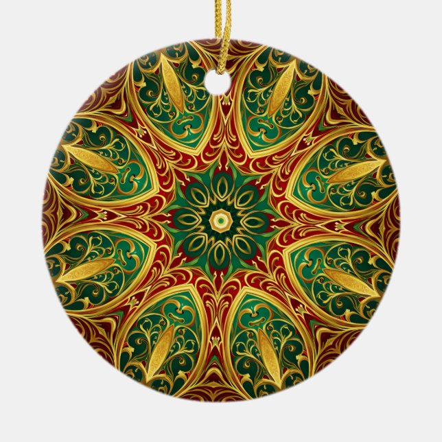 Ornamento De Cerâmica Feriado de Natal Dourado Verde Vermelho (Frente)