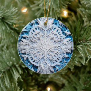 Ornamento De Cerâmica Feriado de Natal em Floco de Neve Branco e Azul do