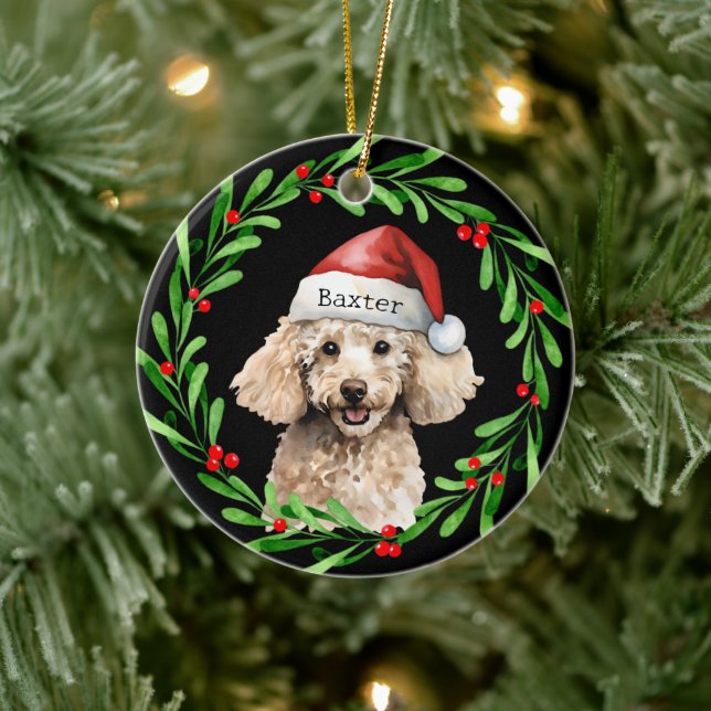 Ornamento De Cerâmica Feriado de Natal Poodle Santa Hat (Árvore)