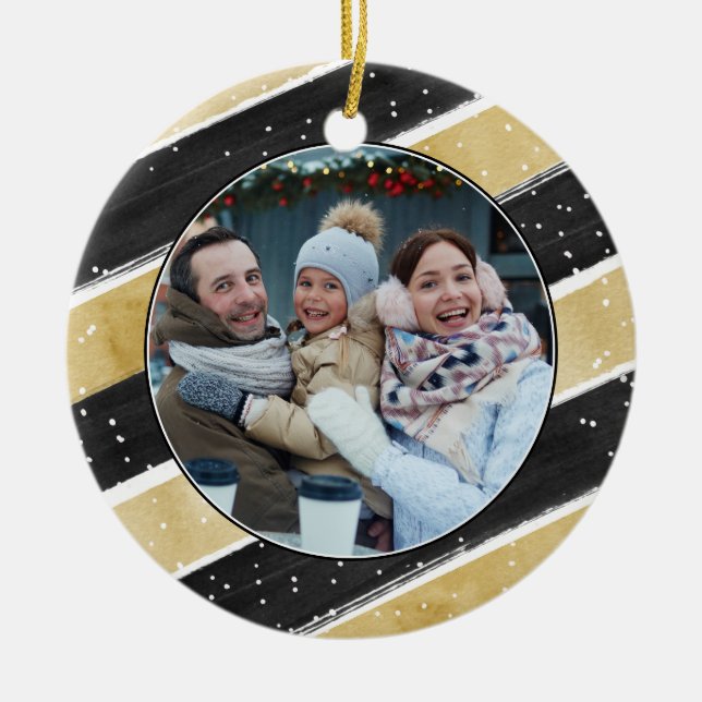 Ornamento De Cerâmica Feriado de Neve Preto e Dourado Moderno (Frente)