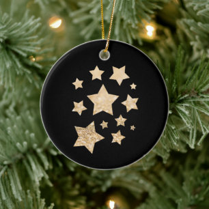 Ornamento De Cerâmica Feriado Dourado de Natal nas Estrelas preto