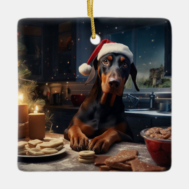 Ornamento De Cerâmica Feriado Festivo de Cookies de Natal Doberman (Frente)