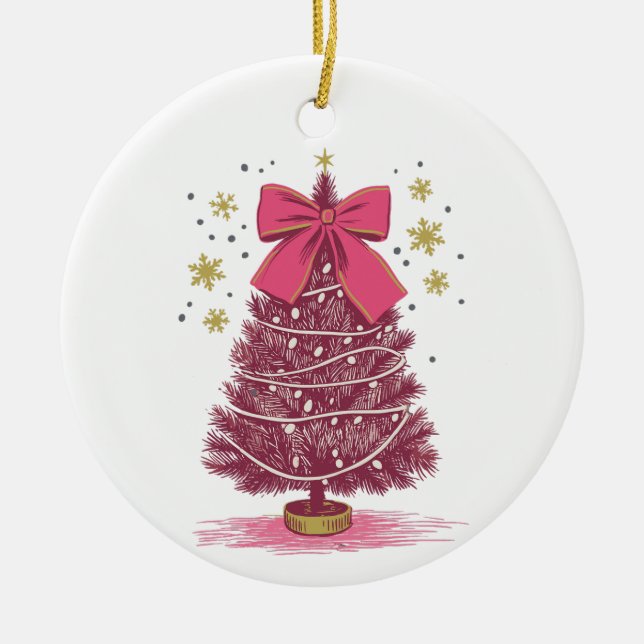 Ornamento De Cerâmica Feriado Natal Pink Tree Coquette Arco Xmas (Frente)