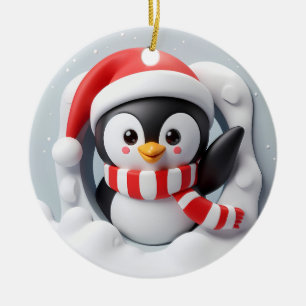 Ornamento De Cerâmica Feriado Pinguim acenando e queimando