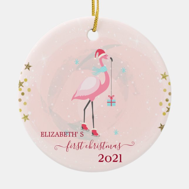 Ornamento De Cerâmica Feriado Primeiro Natal Rosa Flamingo Santa Hat (Frente)