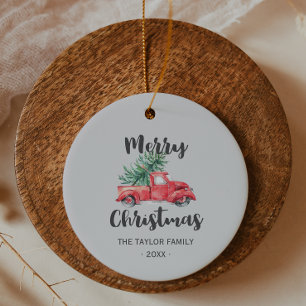 Ornamento De Cerâmica Feriado vermelho do Feliz Natal do caminhão e da