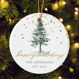 Ornamento De Cerâmica Feriados felizes da Árvore de Natal de Script Dour