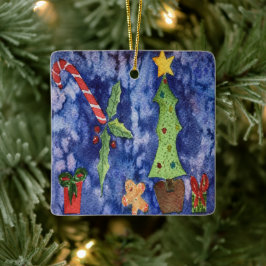 Ornamento De Cerâmica Feriados Felizes Ícones clássicos de Natal Aquarel