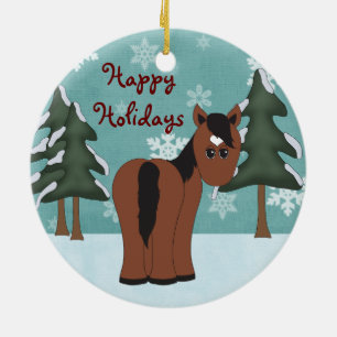 Ornamento De Cerâmica Feriados Felizes para Cavalo Marrom-Justo Personal