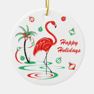 Ornamento De Cerâmica Feriados Flamingo de Natal Vermelho Texto redondo