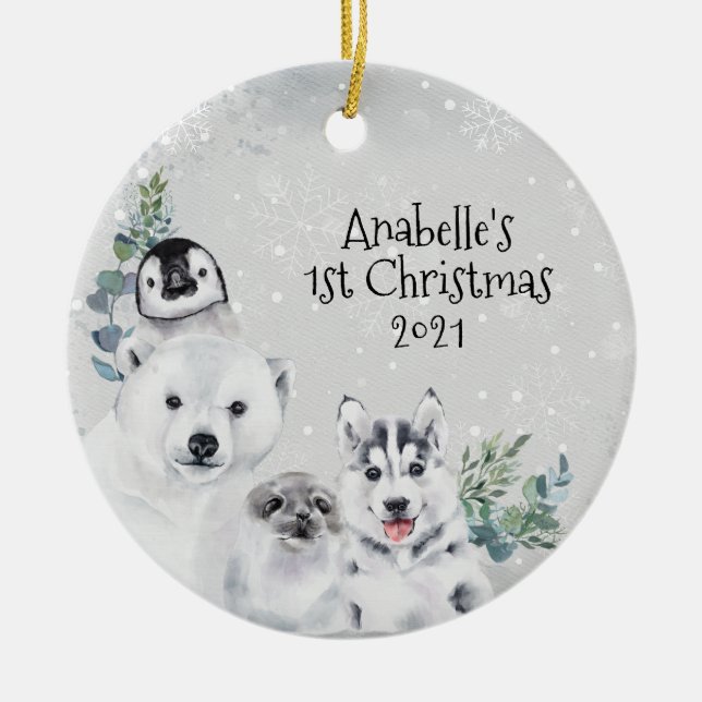 Ornamento De Cerâmica Férias de Inverno Animal Ártico 1º Natal  (Frente)
