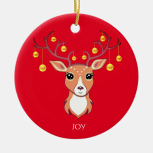 Ornamento De Cerâmica Férias de Natal Veado Dourado sobre Vermelho