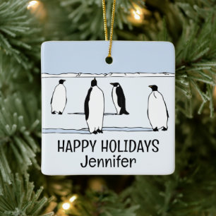 Ornamento De Cerâmica Férias Felizes Pinguim Inverno Natal Nome Legal