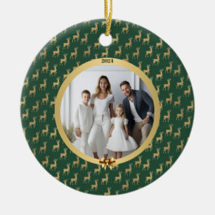 Ornamento De Cerâmica Férias Radiantes Verde e Dourado Foto Natal