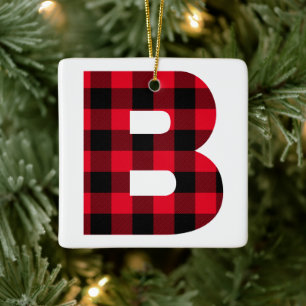 Ornamento De Cerâmica Férias Vermelho e Preto Xadrez Búfalo Monograma B