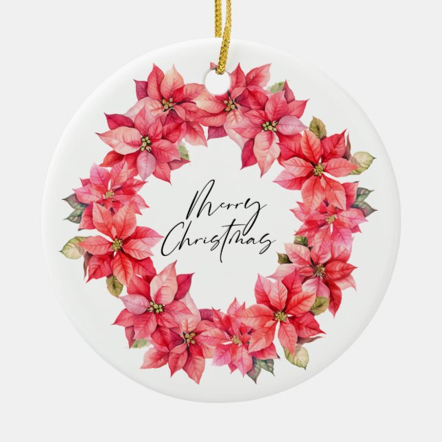 Ornamento De Cerâmica Ferida de Natal de Poinsettia Clássica com amoras (Frente)