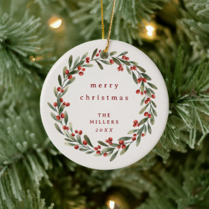 Ornamento De Cerâmica Ferida foliar de Natal com arco vermelho
