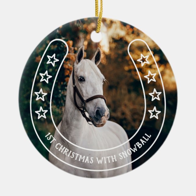 Ornamento De Cerâmica Ferradura com Estrelas 1 rua de Natal com Cavalo (Frente)