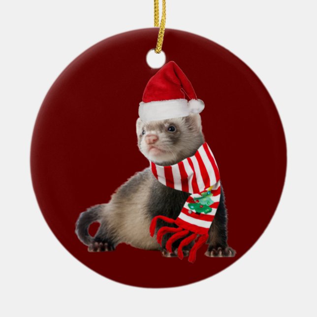 Ornamento De Cerâmica Ferret com o chapéu de Natal (Frente)